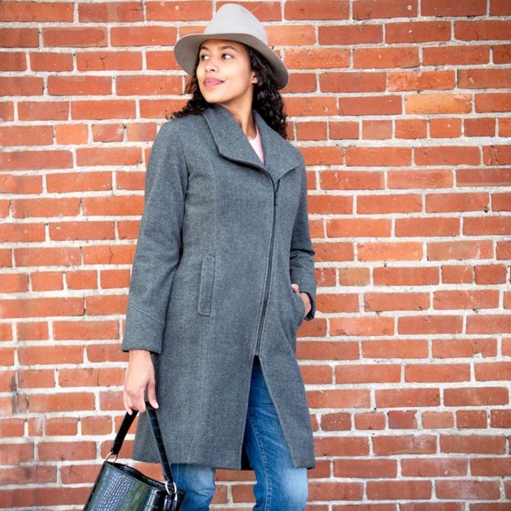 Betabrand Crossover Jacket Charcoal Gray Medium Above Knee Asymmetrical Zip